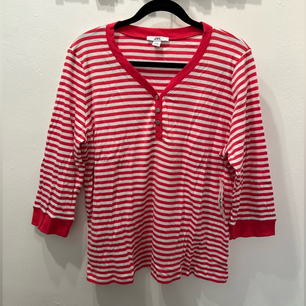 NWT Anne Klein Womens 3XL Pink Stripe Henley T-Shirt 3/4 Sleeve Button Pullover